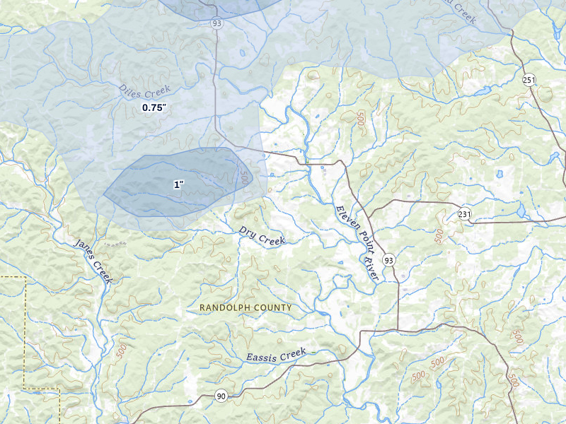 NEXRAD radar-signature map of the hail over Ravenden Springs, AR