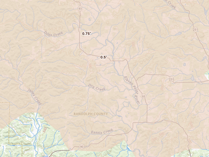 Radar-estimated hail-size map of the storm over Ravenden Springs, AR on Apr 27, 2026