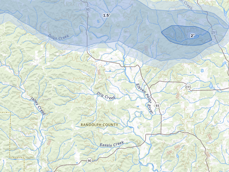 NEXRAD radar-signature map of the hail over Ravenden Springs, AR
