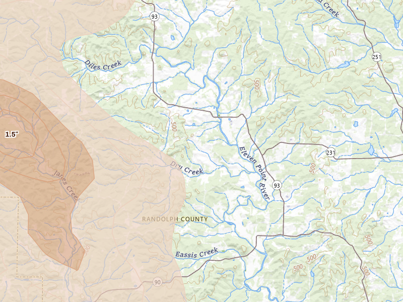 Radar-estimated hail-size map of the storm over Ravenden Springs, AR on May 31, 2026