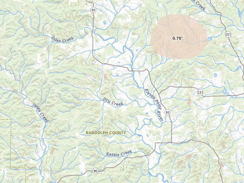 Radar-estimated hail-size map of the storm over Ravenden Springs, AR on Jun 9, 2026