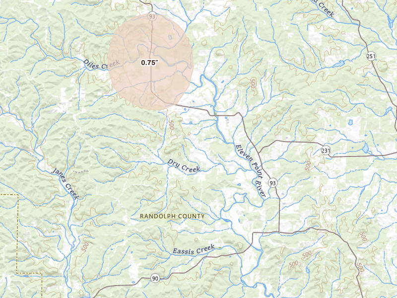 Radar-estimated hail-size map of the storm over Ravenden Springs, AR on Jul 6, 2026