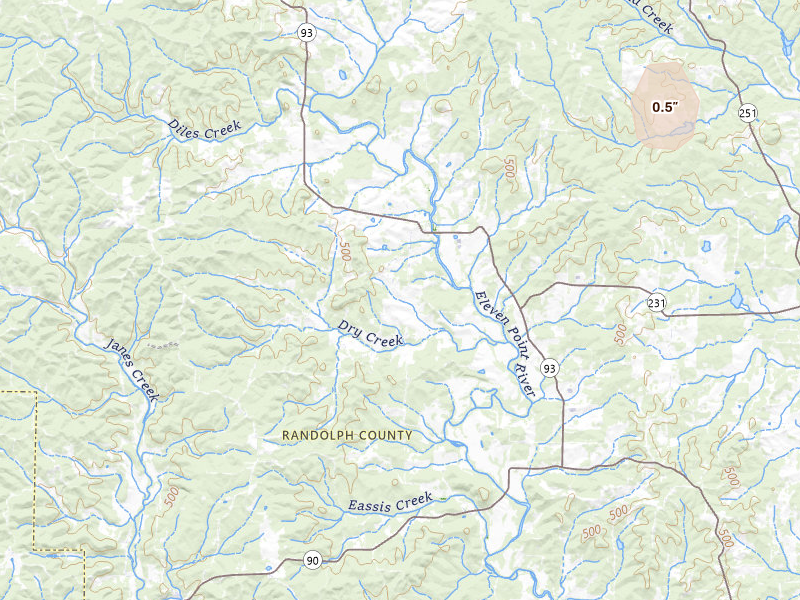 Radar-estimated hail-size map of the storm over Ravenden Springs, AR on Jul 7, 2026