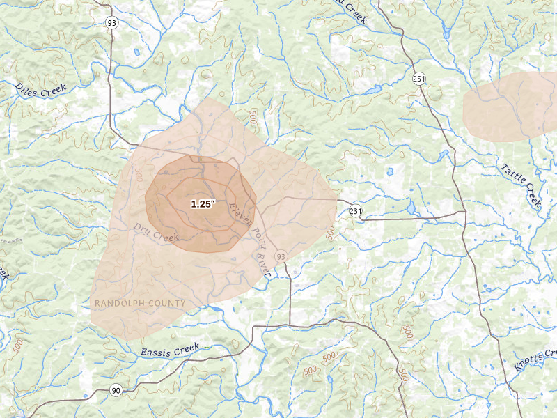 Radar-estimated hail-size map of the storm over Ravenden Springs, AR on Aug 16, 2026