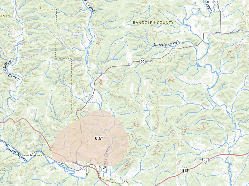 Radar-estimated hail-size map of the storm over Ravenden Springs, AR