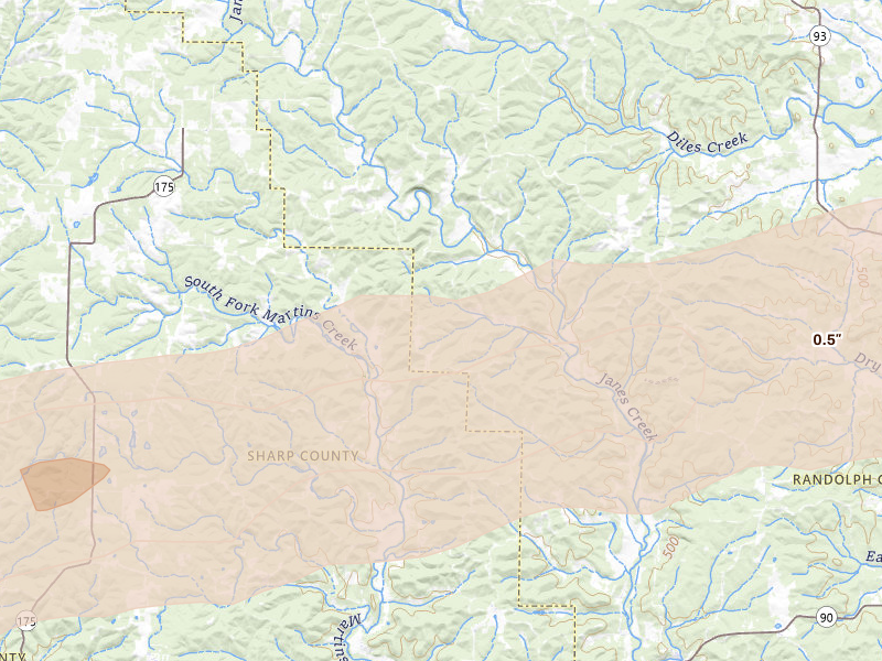 Radar-estimated hail-size map of the storm over Ravenden, AR on Mar 4, 2026