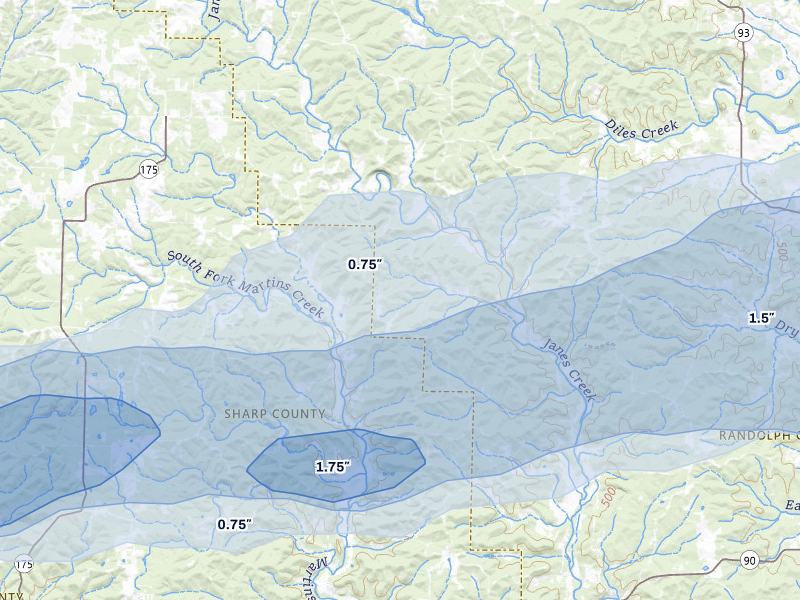 NEXRAD radar-signature map of the hail storm over Ravenden, AR on Mar 4, 2026