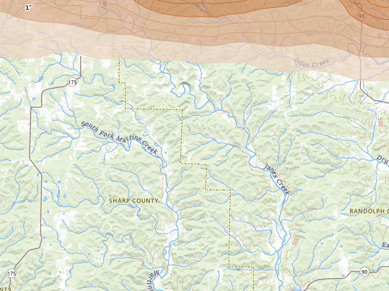 Radar-estimated hail-size map of the storm over Ravenden, AR on Apr 16, 2026
