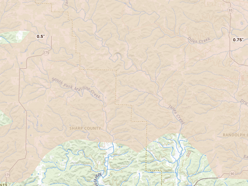 Radar-estimated hail-size map of the storm over Ravenden, AR on Apr 27, 2026