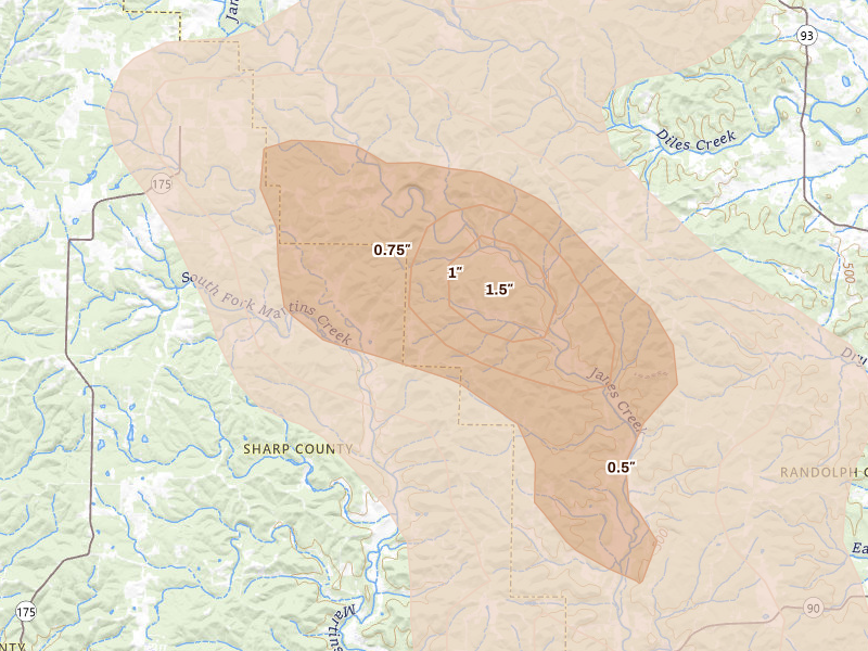 Radar-estimated hail-size map of the storm over Ravenden, AR on May 31, 2026