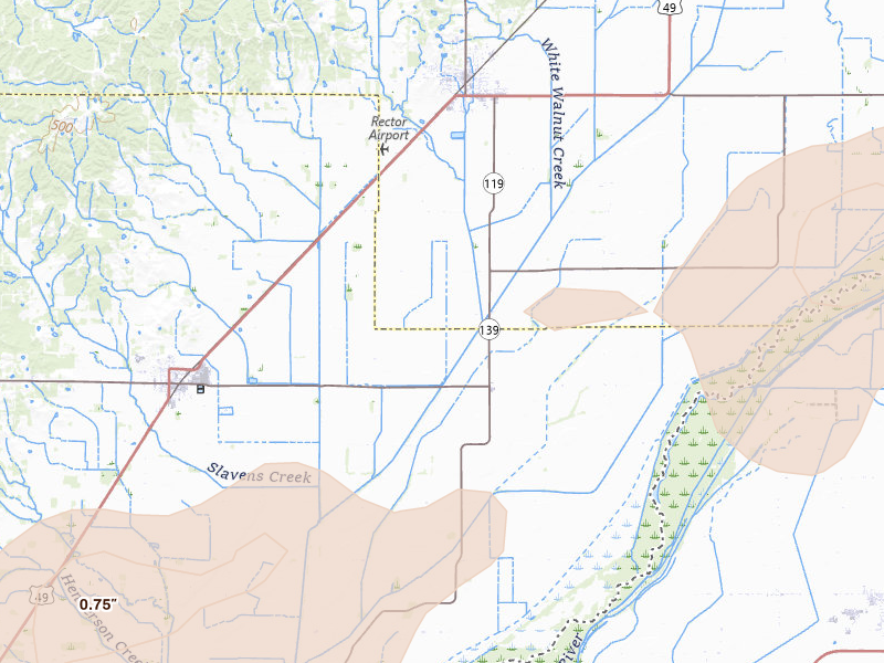 Radar-estimated hail-size map of the storm over Rector, AR on Apr 26, 2026