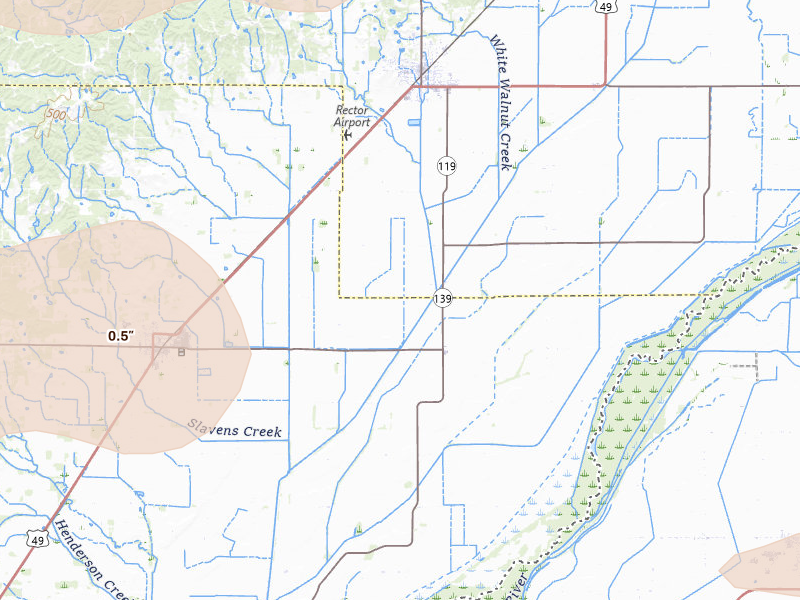 Radar-estimated hail-size map of the storm over Rector, AR on Apr 27, 2026