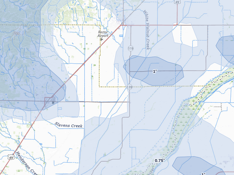 NEXRAD radar-signature map of the hail over Rector, AR