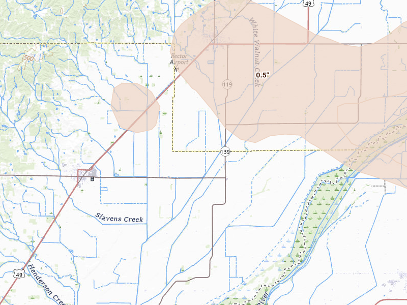 Radar-estimated hail-size map of the storm over Rector, AR on Jul 9, 2026