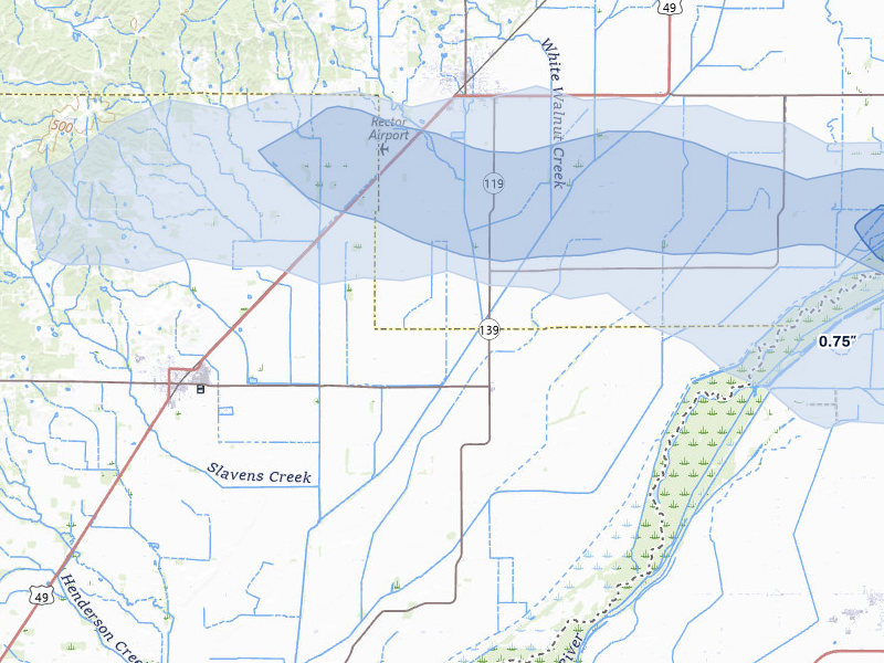 NEXRAD radar-signature map of the hail storm over Rector, AR on Jul 9, 2026