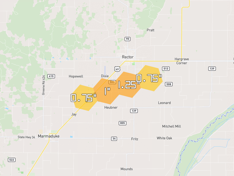 Hail map of Rector, AR on Jul 10, 2026, hail up to 1.25"