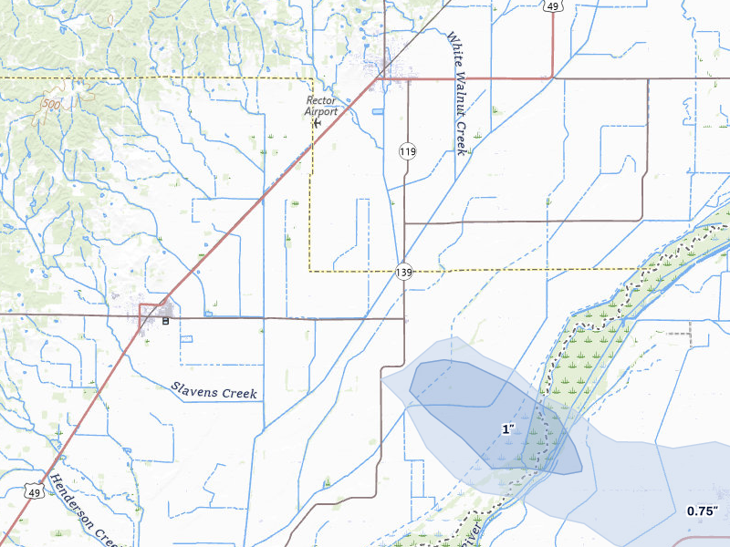 NEXRAD radar-signature map of the hail storm over Rector, AR on Jul 11, 2026