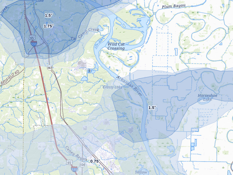 NEXRAD radar-signature map of the hail over Redfield, AR
