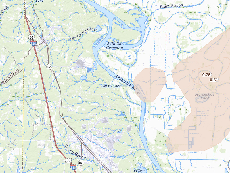 Radar-estimated hail-size map of the storm over Redfield, AR on Jul 4, 2026