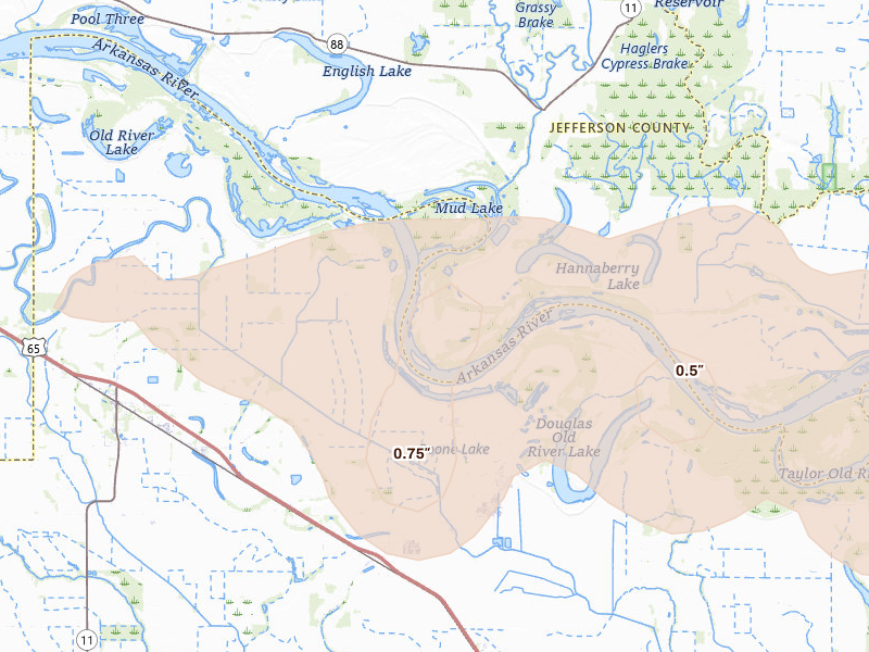 Radar-estimated hail-size map of the storm over Reydell, AR on Apr 28, 2026