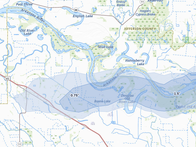 NEXRAD radar-signature map of the hail storm over Reydell, AR on Apr 28, 2026