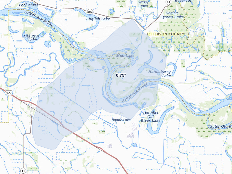 NEXRAD radar-signature map of the hail storm over Reydell, AR on May 31, 2026