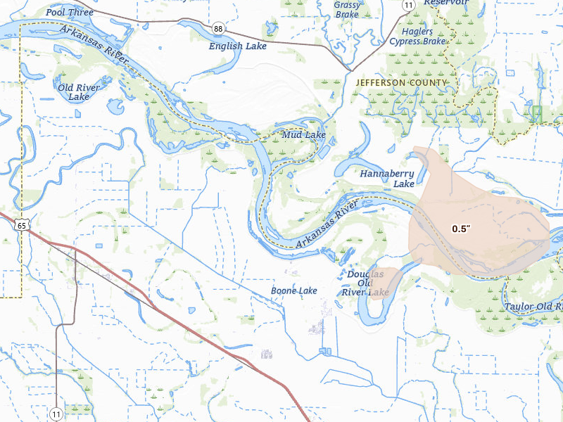 Radar-estimated hail-size map of the storm over Reydell, AR on Jun 19, 2026