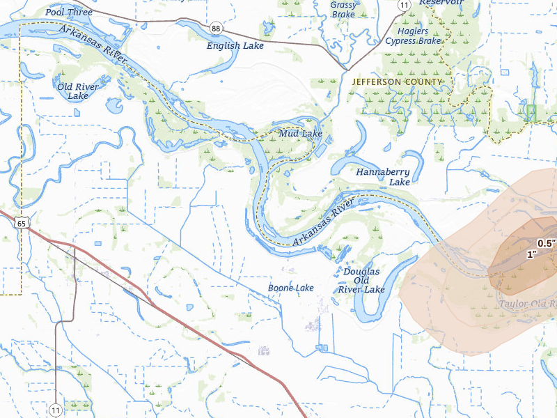 Radar-estimated hail-size map of the storm over Reydell, AR on Jul 8, 2026