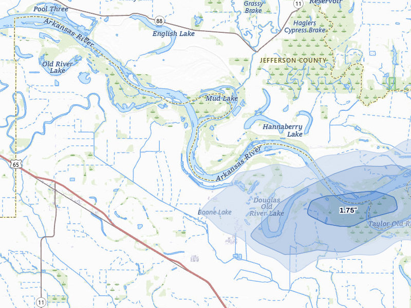 NEXRAD radar-signature map of the hail storm over Reydell, AR on Jul 8, 2026