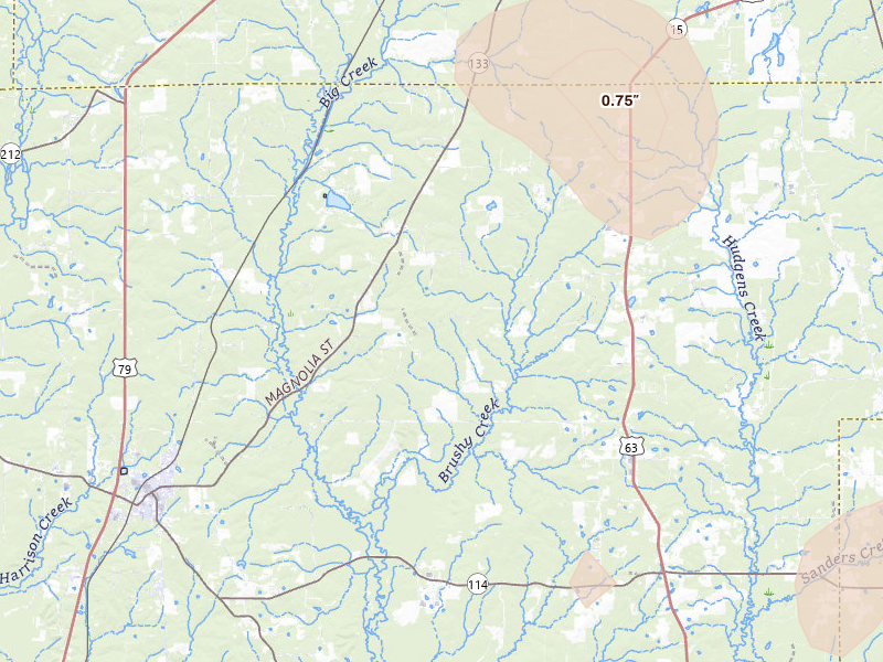 Radar-estimated hail-size map of the storm over Rison, AR on Jul 4, 2026