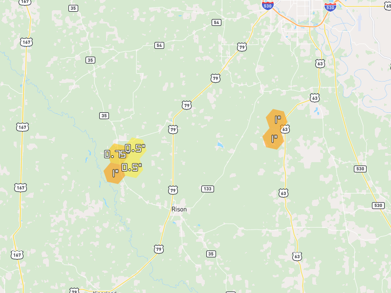 Hail map of Rison, AR on Jul 4, 2026, hail up to 1"