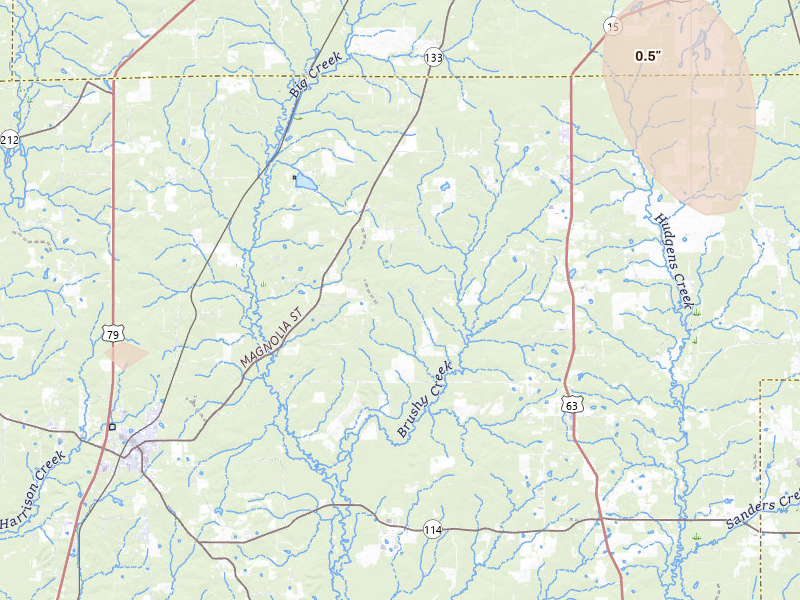 Radar-estimated hail-size map of the storm over Rison, AR on Jul 6, 2026