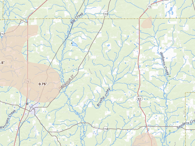 Radar-estimated hail-size map of the storm over Rison, AR on Jul 8, 2026