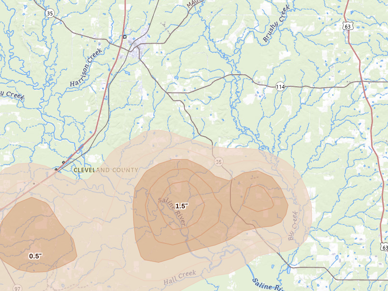 Radar-estimated hail-size map of the storm over Rison, AR on Aug 7, 2026