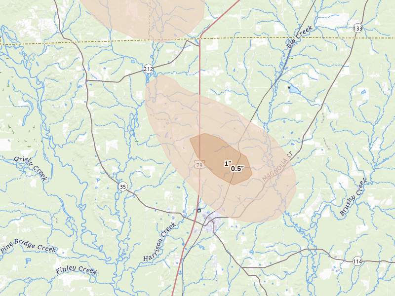 Radar-estimated hail-size map of the storm over Rison, AR on Aug 24, 2026