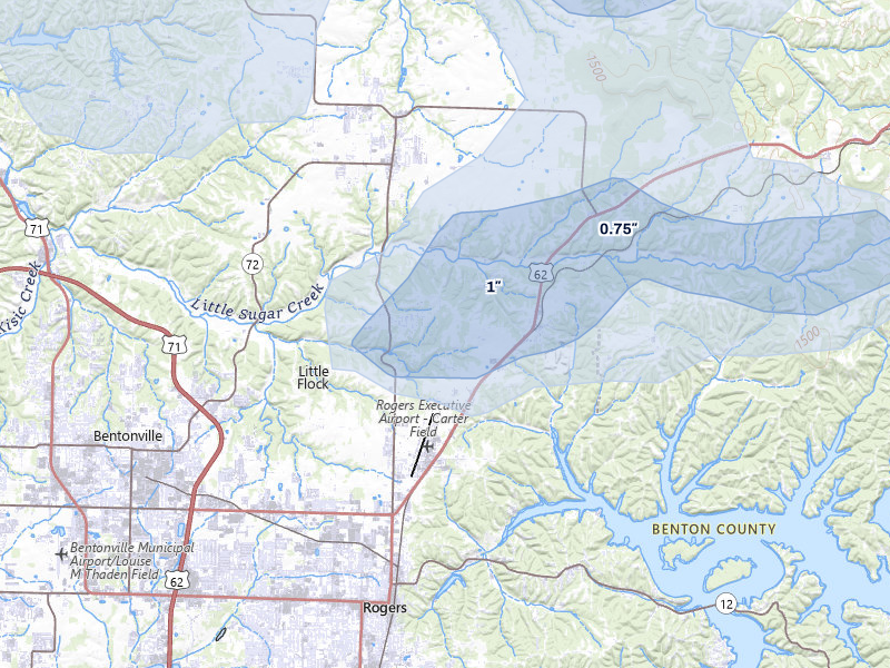 NEXRAD radar-signature map of the hail over Rogers, AR
