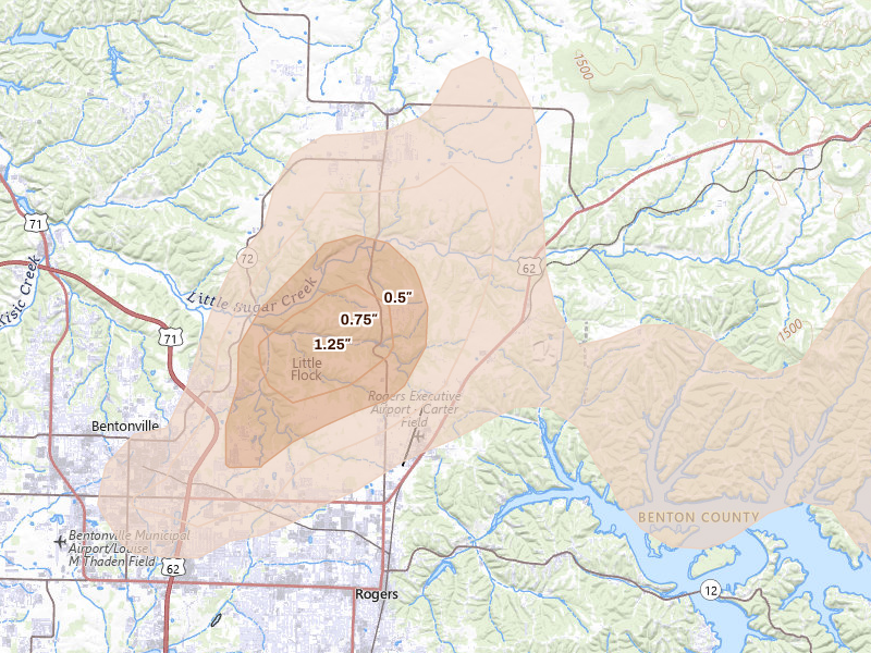 Radar-estimated hail-size map of the storm over Rogers, AR on May 30, 2026