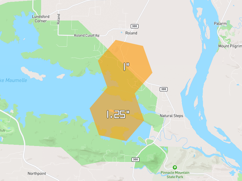 Hail map of Roland, AR on Jun 2, 2026, hail up to 1.25"