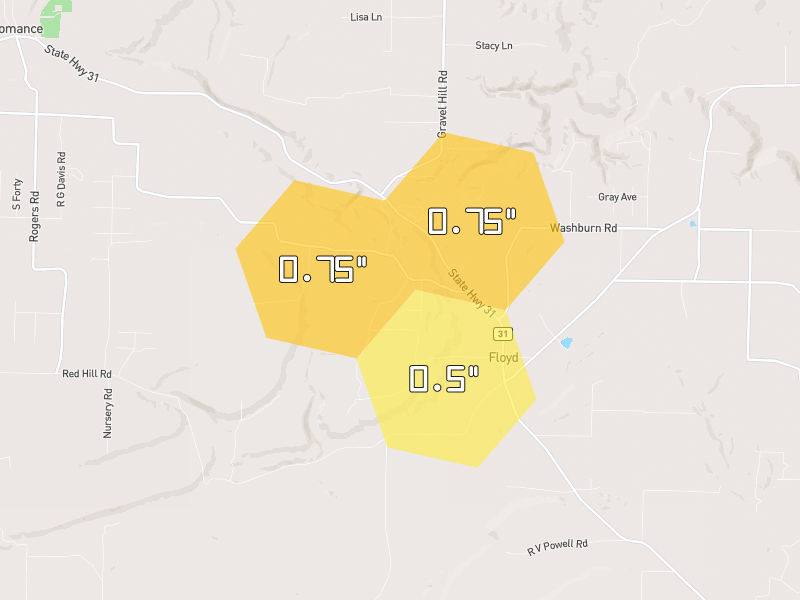 Hail map of Romance, AR on Jul 6, 2026, hail up to 0.75"