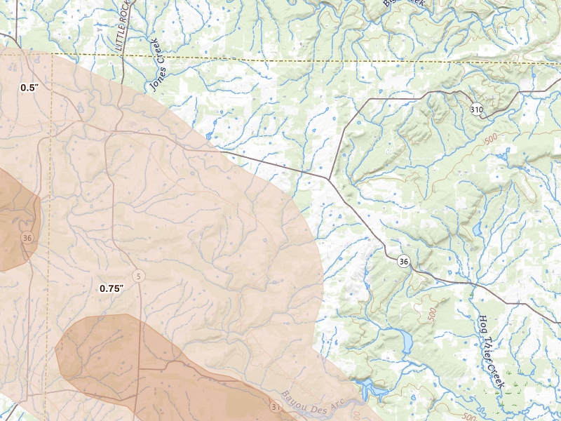 Radar-estimated hail-size map of the storm over Rose Bud, AR