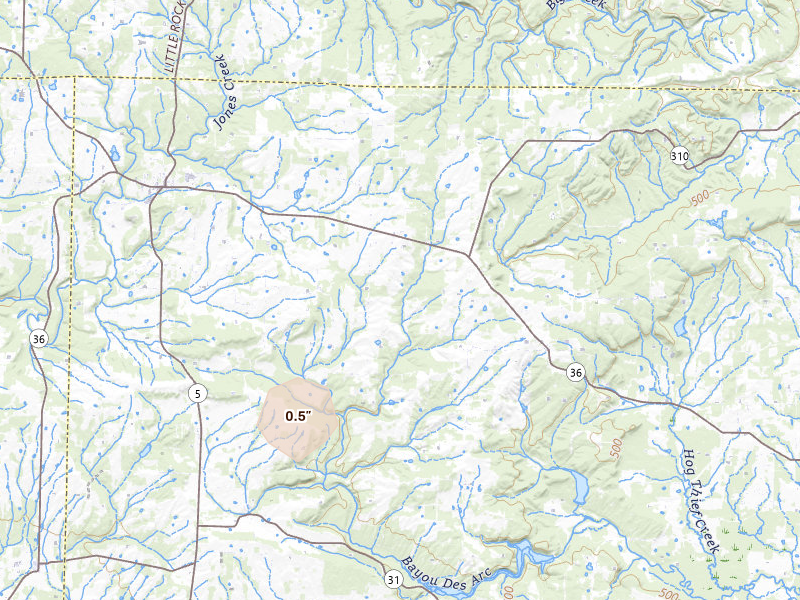 Radar-estimated hail-size map of the storm over Rose Bud, AR on May 5, 2026