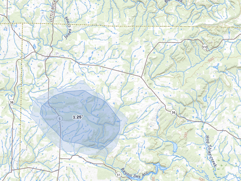 NEXRAD radar-signature map of the hail storm over Rose Bud, AR on May 5, 2026