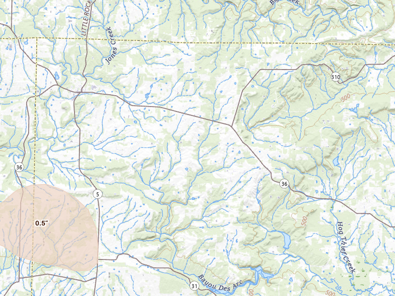 Radar-estimated hail-size map of the storm over Rose Bud, AR on May 10, 2026