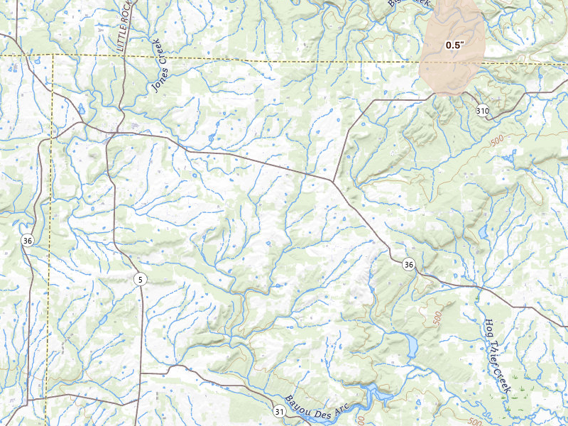 Radar-estimated hail-size map of the storm over Rose Bud, AR on Jul 3, 2026