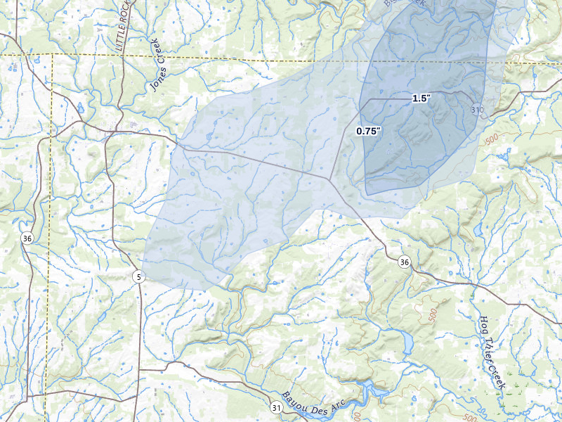 NEXRAD radar-signature map of the hail storm over Rose Bud, AR on Jul 3, 2026