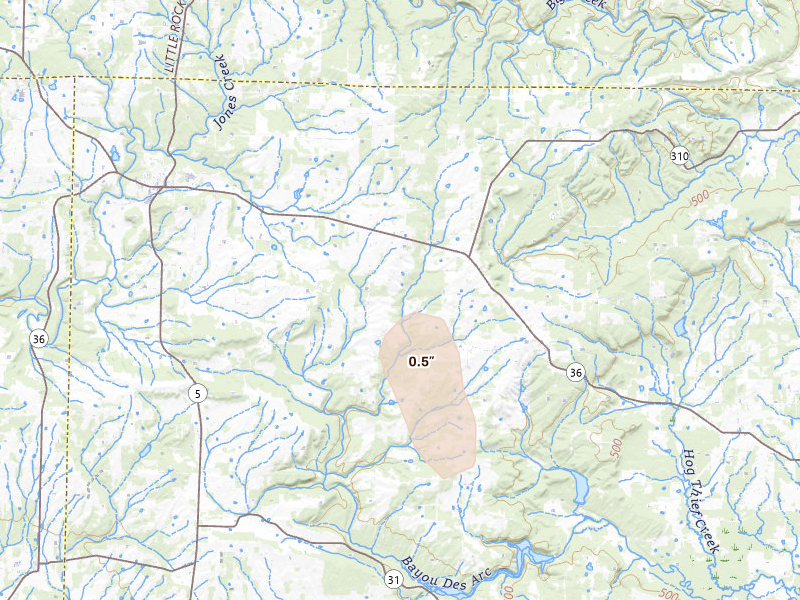 Radar-estimated hail-size map of the storm over Rose Bud, AR on Aug 7, 2026