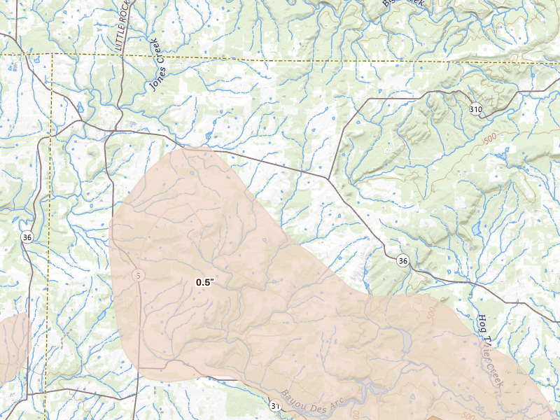 Radar-estimated hail-size map of the storm over Rose Bud, AR on Aug 17, 2026