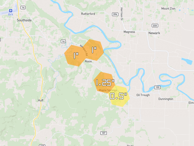 Hail map of Rosie, AR on Jul 4, 2026, hail up to 1.25"