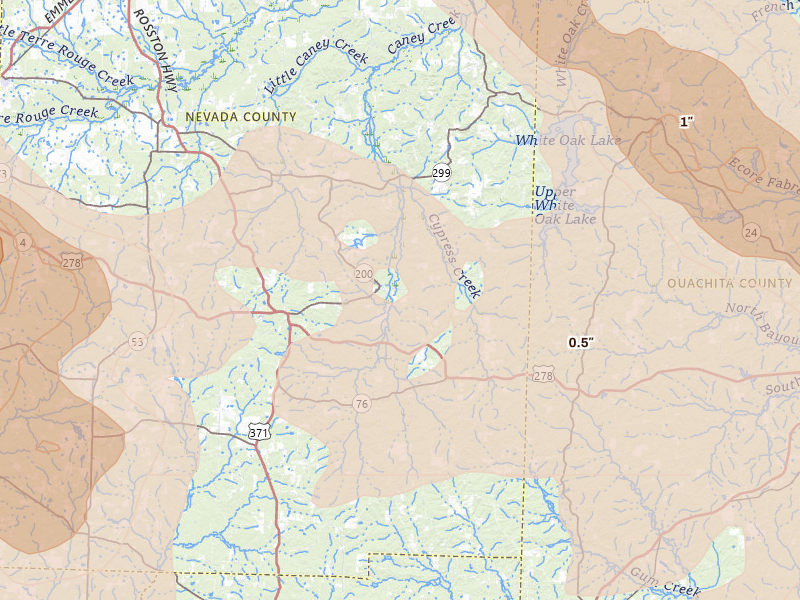 Radar-estimated hail-size map of the storm over Rosston, AR on Apr 25, 2026