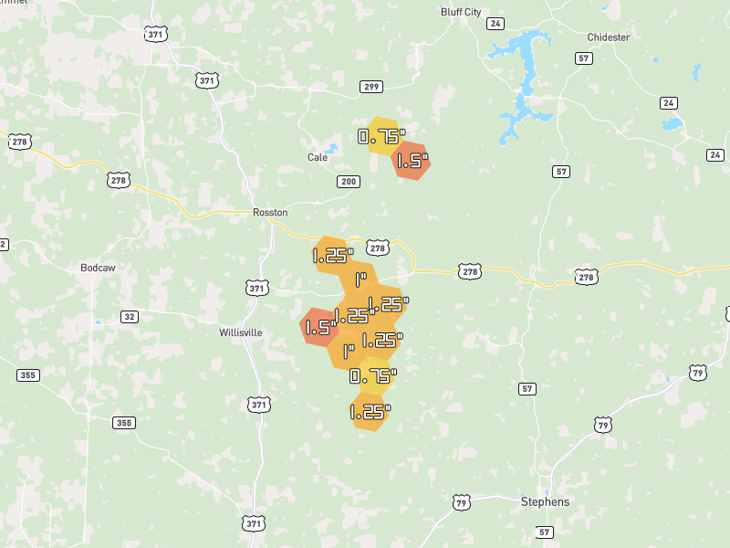 Hail map of Rosston, AR on Jun 2, 2026, hail up to 1.5"